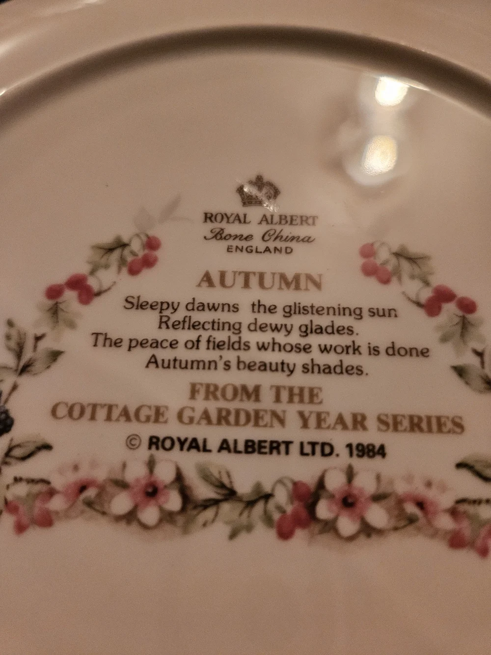 Royal Albert White Plate with Pastel Floral and Harvest Cottage Scene